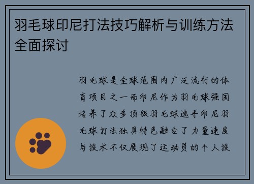 羽毛球印尼打法技巧解析与训练方法全面探讨